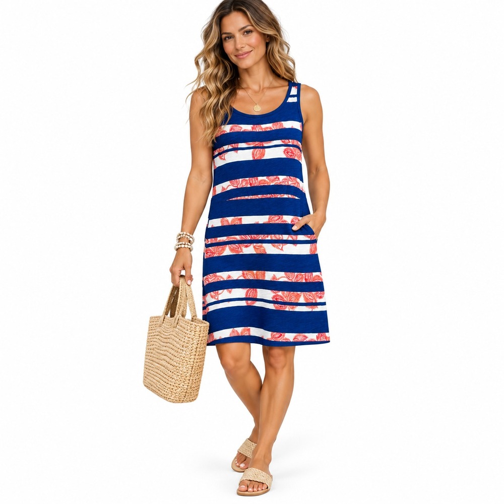 Tommy Bahama Cotton Tank Dress Womens S Navy Stripe Floral Tropical Beach